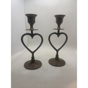 Vintage Pair 1960s MCM Heart Shaped Brass Candle Holders Romantic Cottage